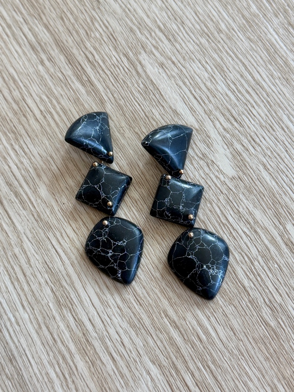 Statement Dangle Geometric Black Marble Stone look, Gold Tone Earrings 2.67” L